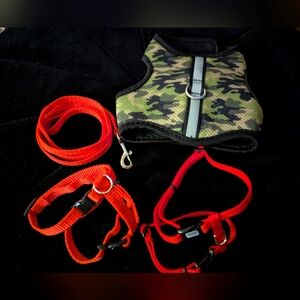 Harness and leash lot, 2 red adjustable quick harnesses, leash, Velcro vest Sz S